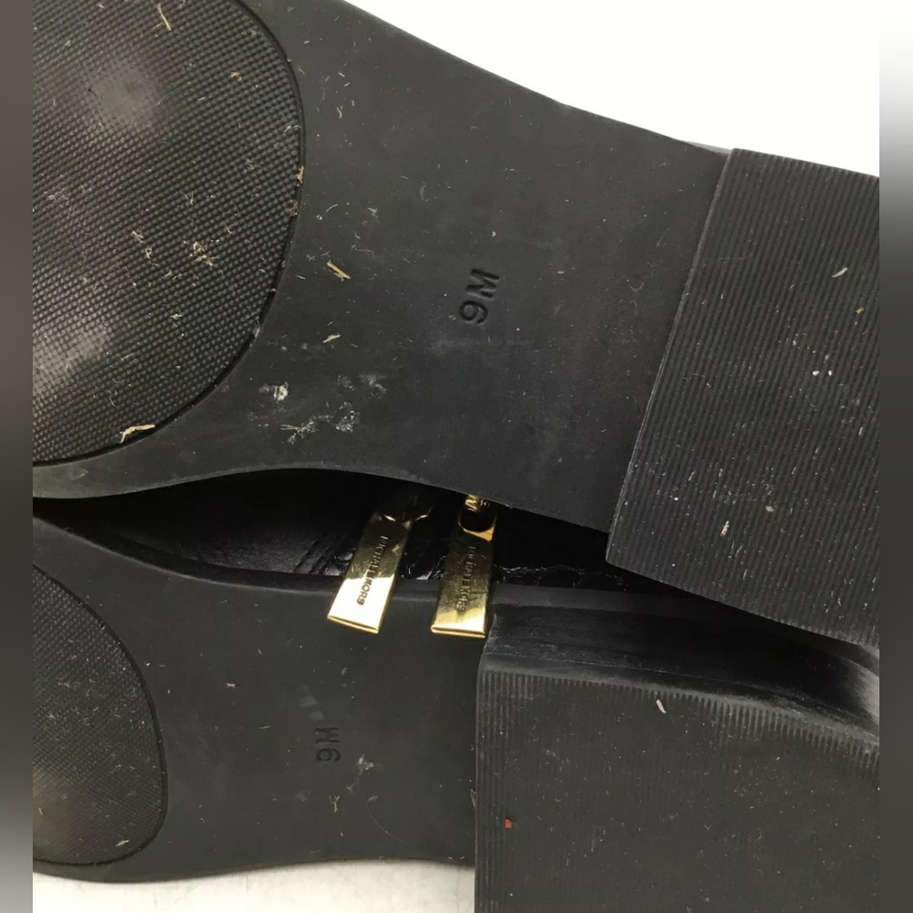Michael Kors MK Farrah Flat Black Gold Leather Ankle Riding Boots Size 9 - Picture 7 of 7